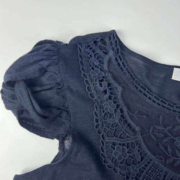 KENAR Black Cotton Blend Cap Sleeve Embroidered Lace Neck Shift Top Size Medium - Picture 8 of 12